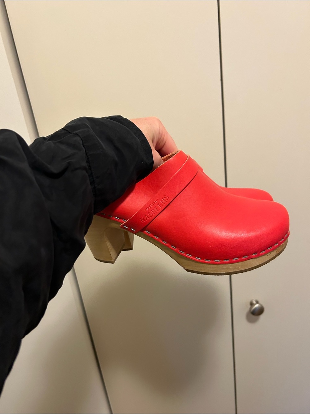 Swedish Hasbeens Red Leather Block Heel Clogs